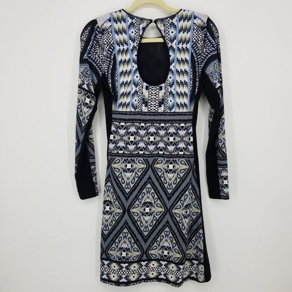 Hale Bob Geometric Print Bodycon Mini Dress XS Long Sleeve Jersey Knit Black - Picture 4 of 14
